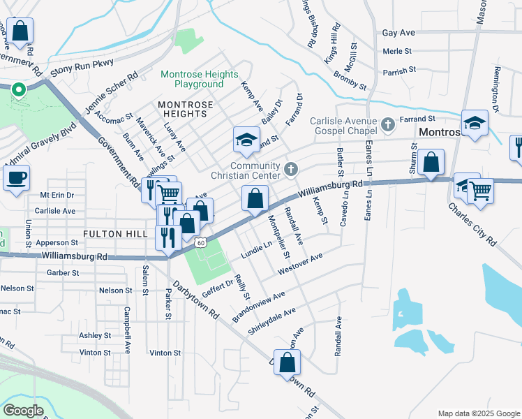 map of restaurants, bars, coffee shops, grocery stores, and more near 2001 Williamsburg Road in Richmond
