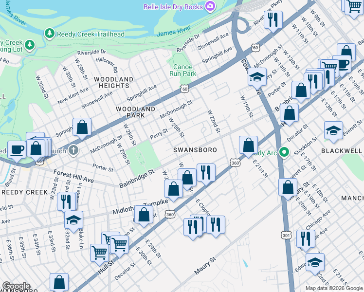 map of restaurants, bars, coffee shops, grocery stores, and more near 2513 Bainbridge Street in Richmond