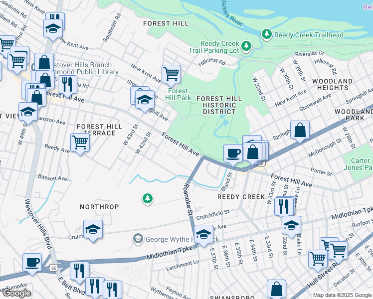 map of restaurants, bars, coffee shops, grocery stores, and more near 4006 Forest Hill Avenue in Richmond