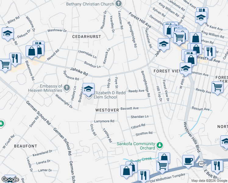 map of restaurants, bars, coffee shops, grocery stores, and more near 846 Faye Street in Richmond