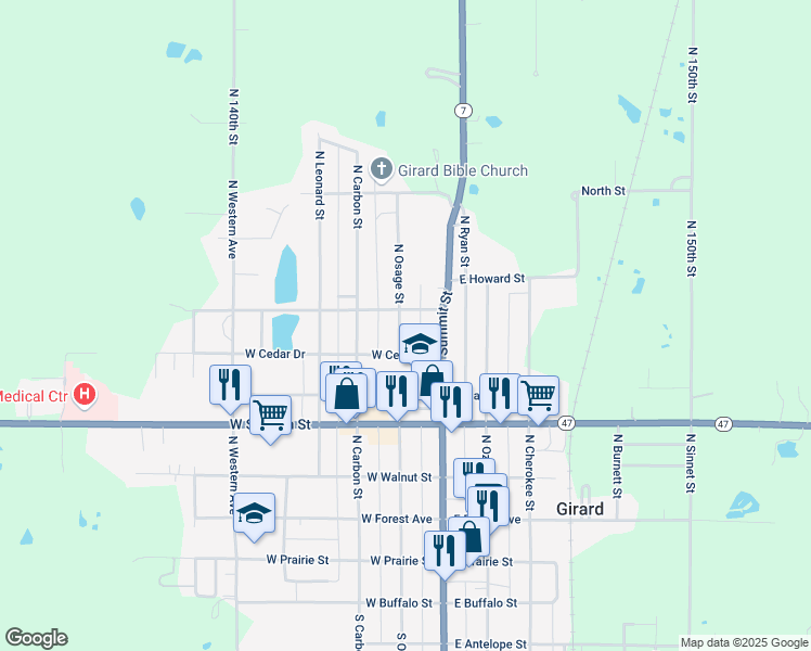 map of restaurants, bars, coffee shops, grocery stores, and more near 510 North Osage Street in Girard