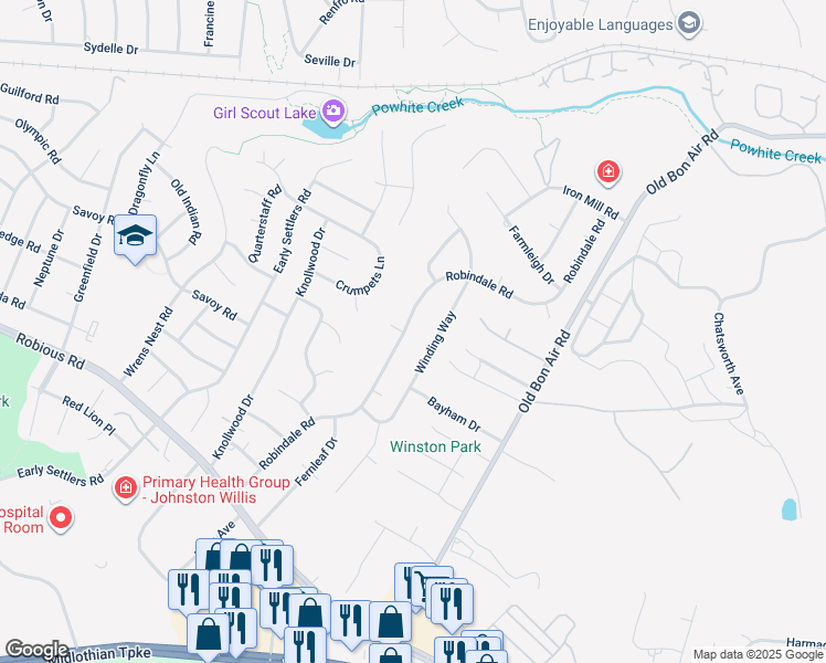 map of restaurants, bars, coffee shops, grocery stores, and more near 1579 Robindale Road in Richmond