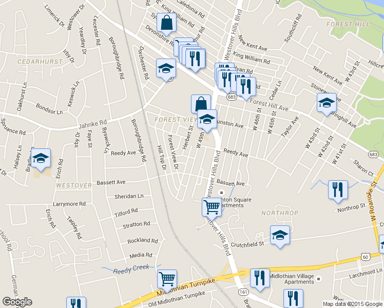 map of restaurants, bars, coffee shops, grocery stores, and more near 902 West 49th Street in Richmond