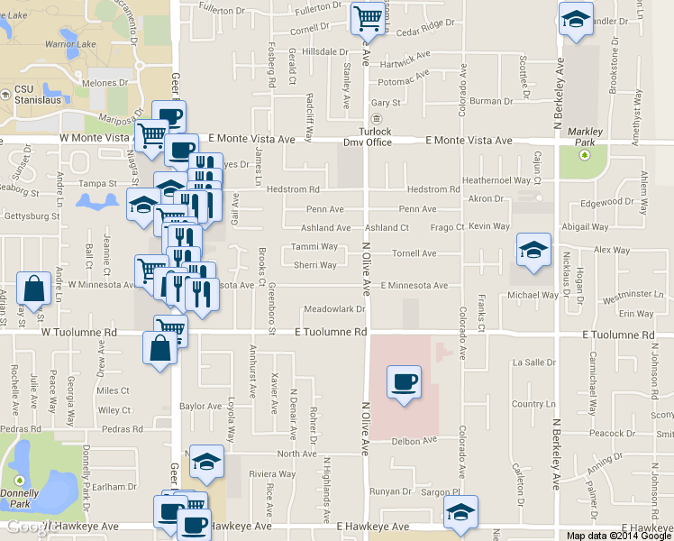 map of restaurants, bars, coffee shops, grocery stores, and more near 661 East Minnesota Avenue in Turlock