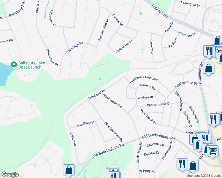 map of restaurants, bars, coffee shops, grocery stores, and more near 11917 Deerhurst Drive in Midlothian