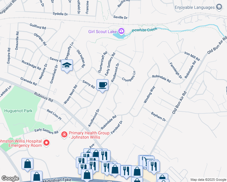 map of restaurants, bars, coffee shops, grocery stores, and more near 1664 Inspiration Drive in Richmond