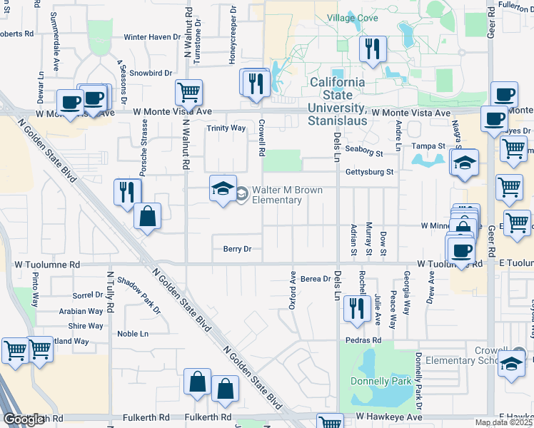 map of restaurants, bars, coffee shops, grocery stores, and more near 2640 Crowell Road in Turlock
