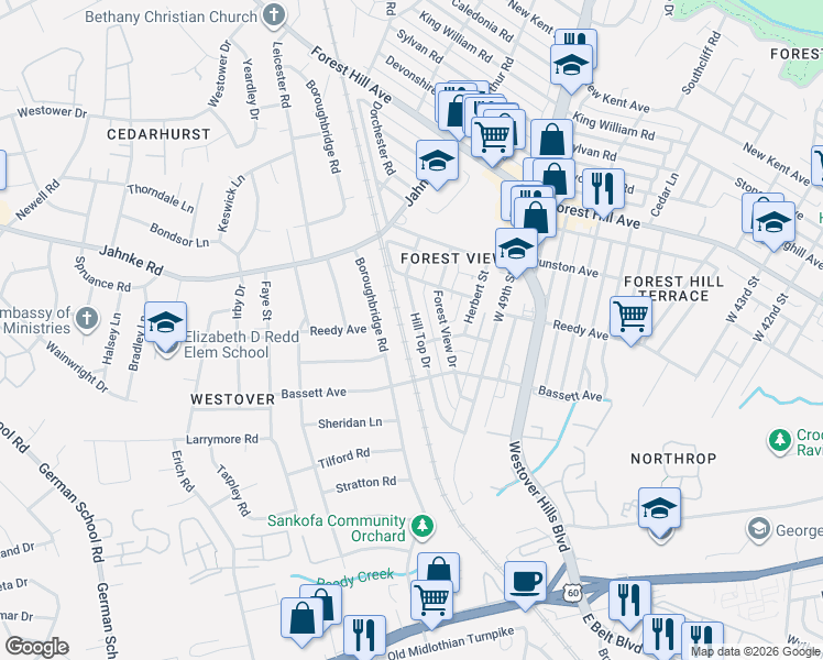 map of restaurants, bars, coffee shops, grocery stores, and more near 900 Hill Top Drive in Richmond