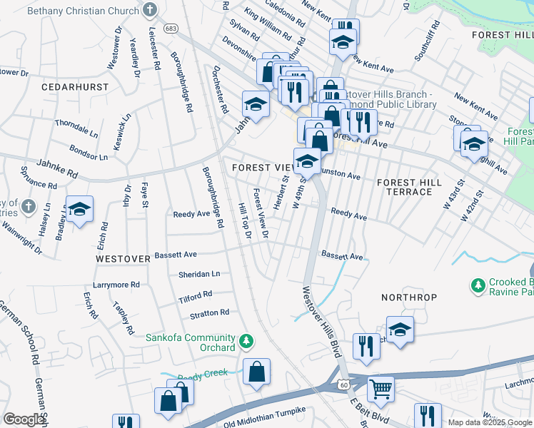 map of restaurants, bars, coffee shops, grocery stores, and more near 5003 Pine Crest Avenue in Richmond