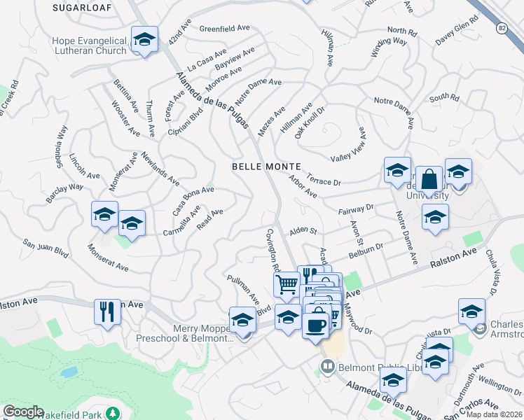 map of restaurants, bars, coffee shops, grocery stores, and more near 2104 Arthur Avenue in Belmont
