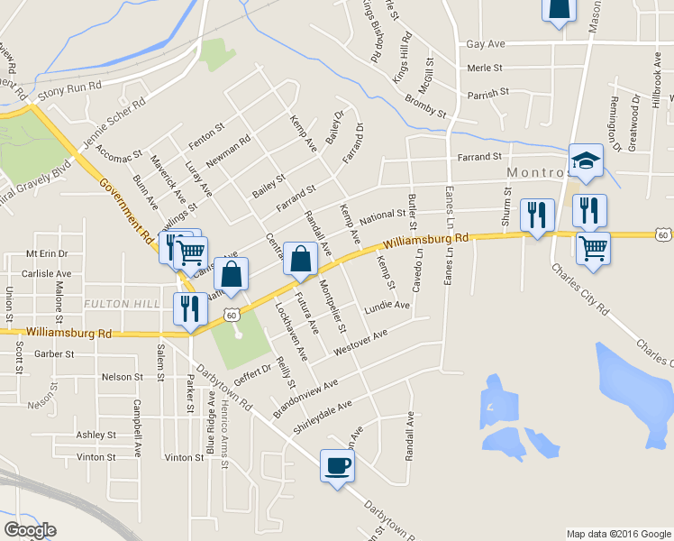 map of restaurants, bars, coffee shops, grocery stores, and more near 2109 Williamsburg Road in Richmond