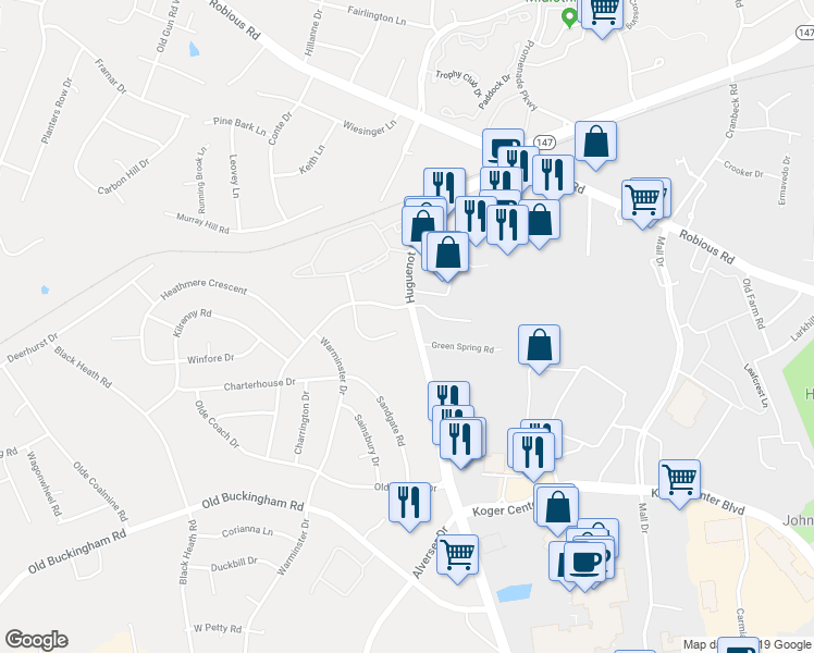 map of restaurants, bars, coffee shops, grocery stores, and more near 11600 Featherstone Court in Midlothian