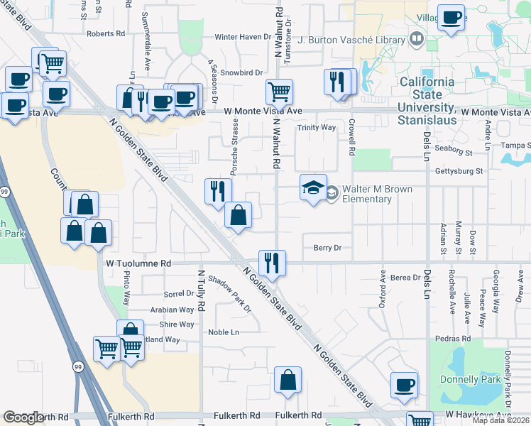 map of restaurants, bars, coffee shops, grocery stores, and more near 2755 North Walnut Road in Turlock
