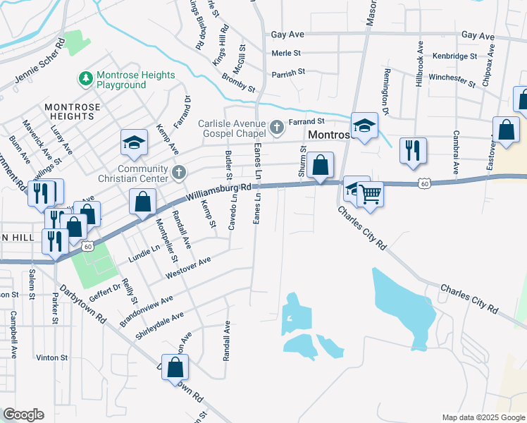 map of restaurants, bars, coffee shops, grocery stores, and more near 5109 Eanes Lane in Henrico