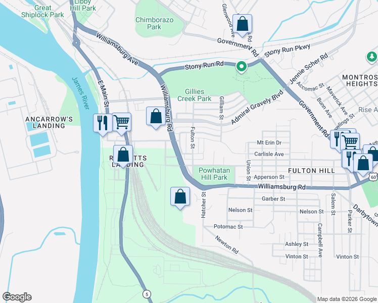 map of restaurants, bars, coffee shops, grocery stores, and more near 605 Louisiana Street in Richmond
