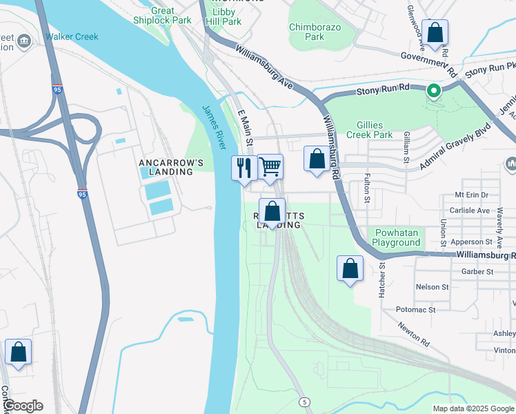 map of restaurants, bars, coffee shops, grocery stores, and more near 4845 Old Main Street in Richmond