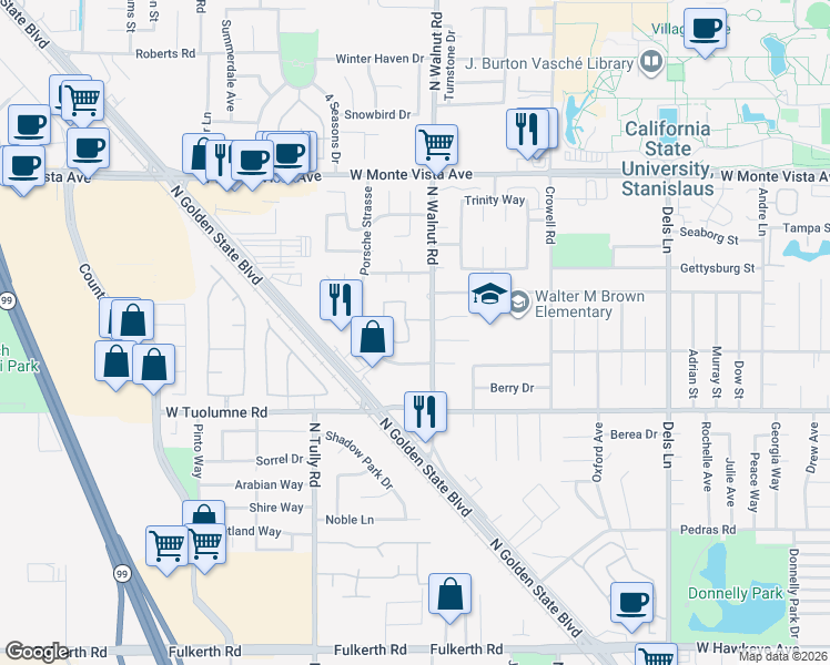 map of restaurants, bars, coffee shops, grocery stores, and more near 2755 North Walnut Road in Turlock