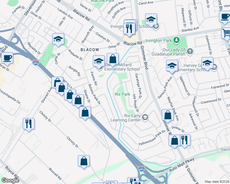 map of restaurants, bars, coffee shops, grocery stores, and more near 5405 Clarendon Park Court in Fremont