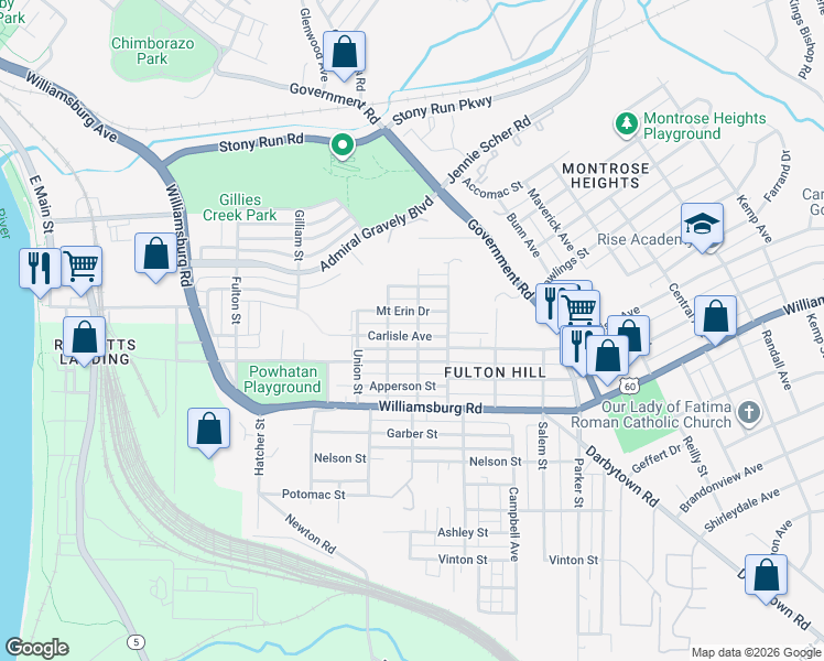 map of restaurants, bars, coffee shops, grocery stores, and more near 1215 Carlisle Avenue in Richmond