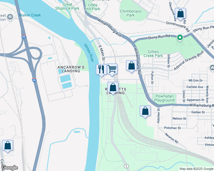 map of restaurants, bars, coffee shops, grocery stores, and more near 4820 Old Main Street in Richmond