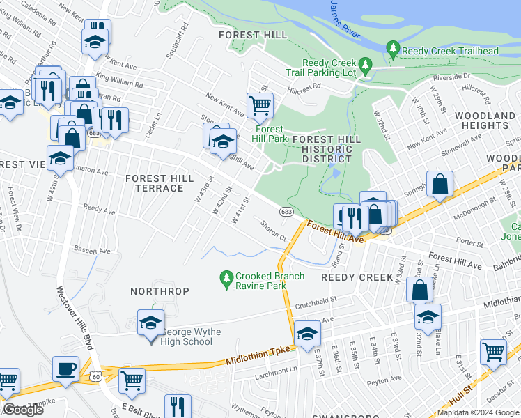 map of restaurants, bars, coffee shops, grocery stores, and more near 4050 Forest Hill Avenue in Richmond