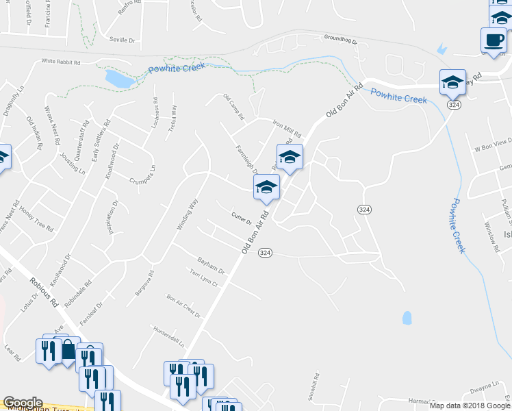 map of restaurants, bars, coffee shops, grocery stores, and more near 1700 Robindale Court in Richmond