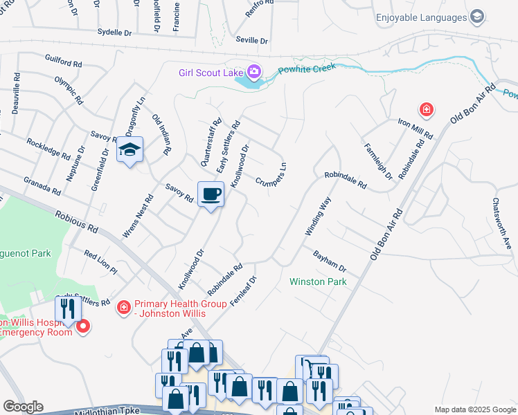 map of restaurants, bars, coffee shops, grocery stores, and more near 10310 Edgebrook Court in Richmond