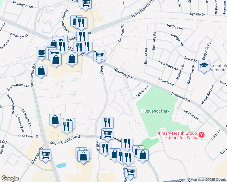 map of restaurants, bars, coffee shops, grocery stores, and more near 2103 Breezy Point Circle in Bon Air