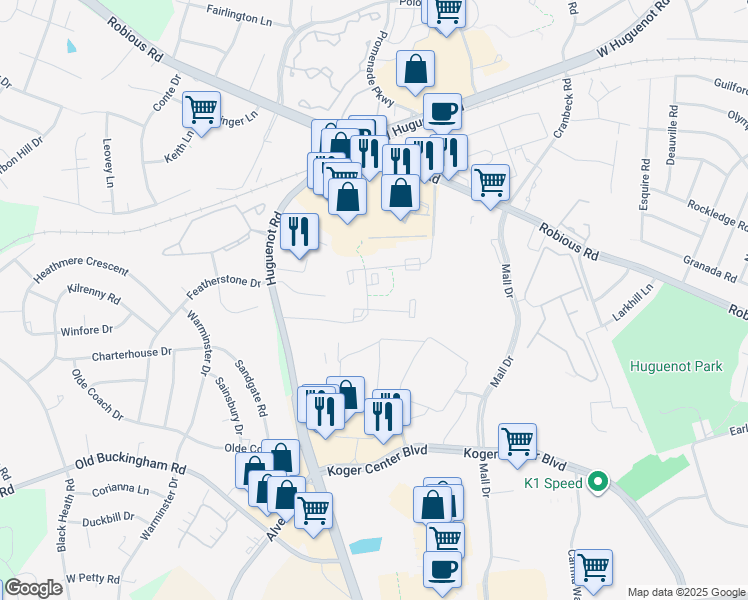 map of restaurants, bars, coffee shops, grocery stores, and more near 1701 Irondale Road in Bon Air