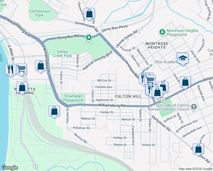 map of restaurants, bars, coffee shops, grocery stores, and more near 1215 Carlisle Avenue in Richmond