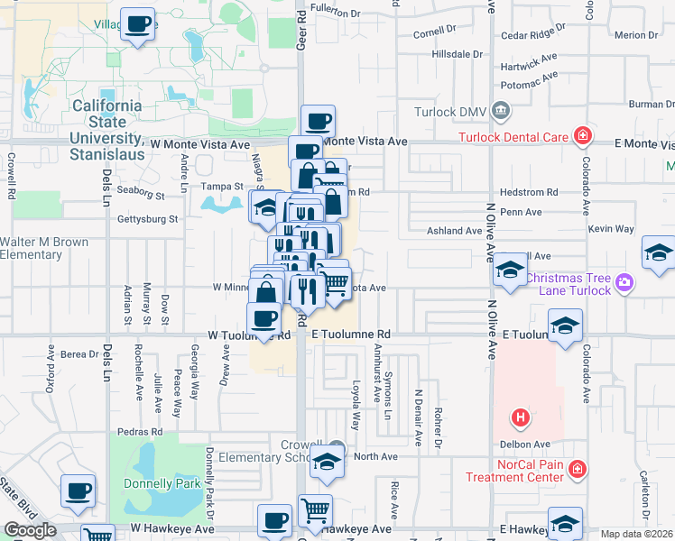map of restaurants, bars, coffee shops, grocery stores, and more near 155 East Minnesota Avenue in Turlock
