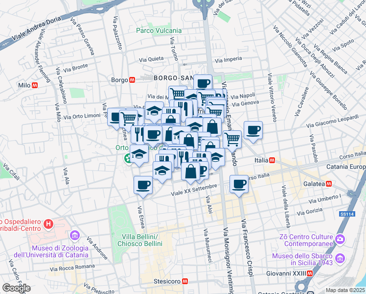 map of restaurants, bars, coffee shops, grocery stores, and more near 138 Via Gabriele D'Annunzio in Catania