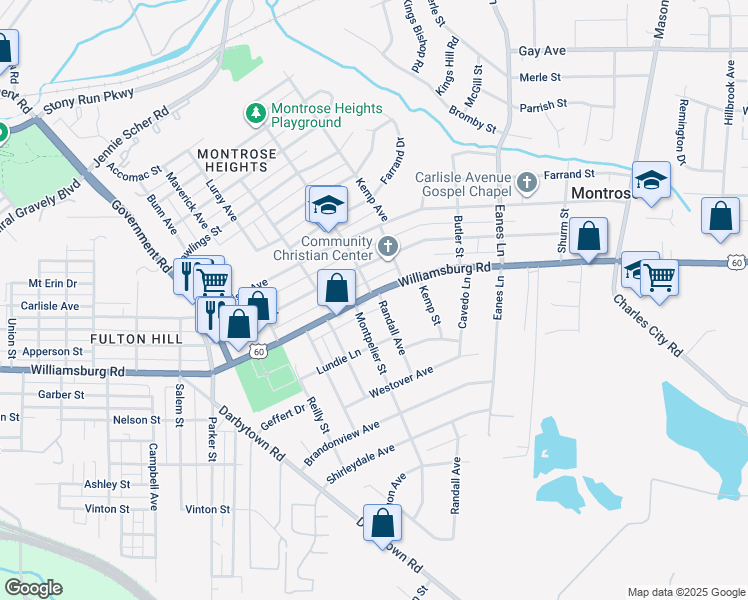 map of restaurants, bars, coffee shops, grocery stores, and more near 2109 Williamsburg Road in Richmond