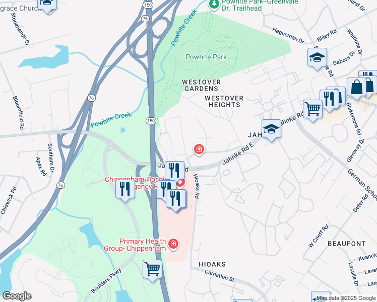 map of restaurants, bars, coffee shops, grocery stores, and more near 7032 Old Jahnke Road in Richmond