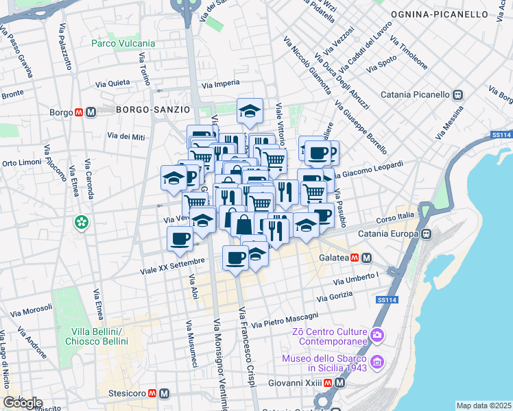 map of restaurants, bars, coffee shops, grocery stores, and more near 64 Via Firenze in Catania