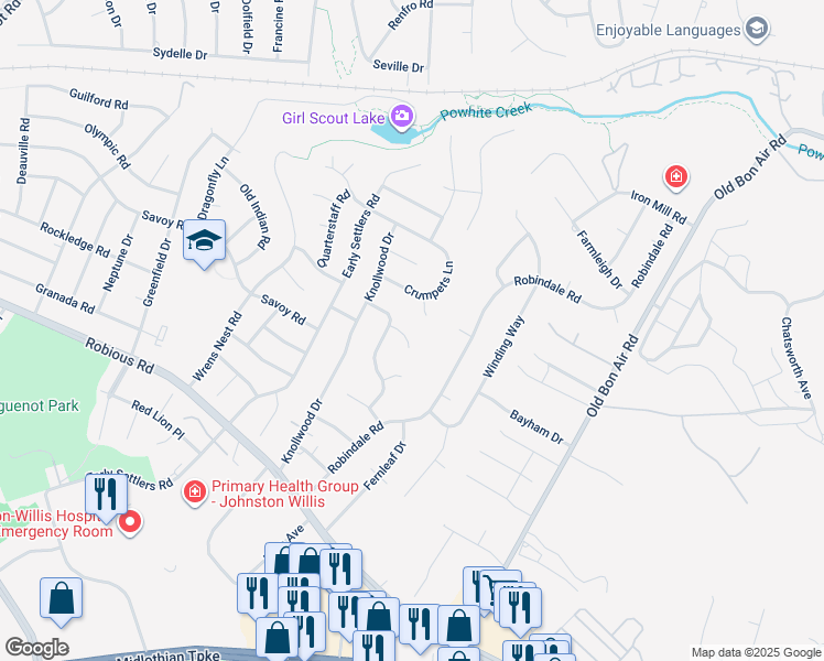 map of restaurants, bars, coffee shops, grocery stores, and more near 10310 Edgebrook Court in Richmond