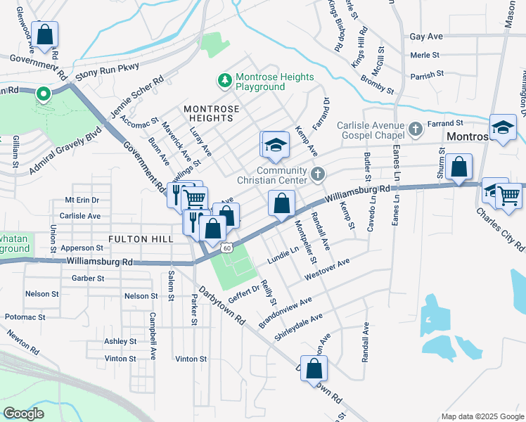 map of restaurants, bars, coffee shops, grocery stores, and more near 1827 National Street in Richmond