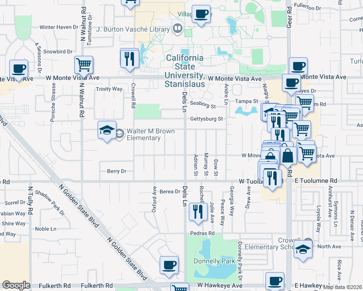 map of restaurants, bars, coffee shops, grocery stores, and more near 2600 Dels Lane in Turlock
