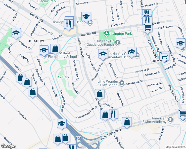 map of restaurants, bars, coffee shops, grocery stores, and more near 4771 Seneca Park Avenue in Fremont