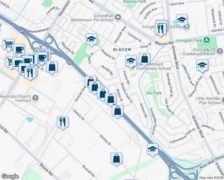 map of restaurants, bars, coffee shops, grocery stores, and more near 5568 Baltimore Court in Fremont