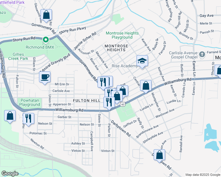 map of restaurants, bars, coffee shops, grocery stores, and more near 4901 Government Road in Richmond