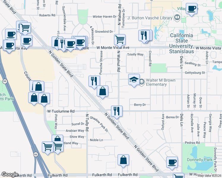 map of restaurants, bars, coffee shops, grocery stores, and more near 2755 North Walnut Road in Turlock