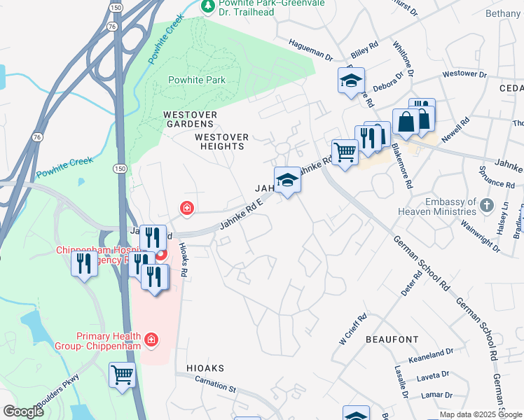 map of restaurants, bars, coffee shops, grocery stores, and more near 6717 North Grand Brook Circle in Richmond