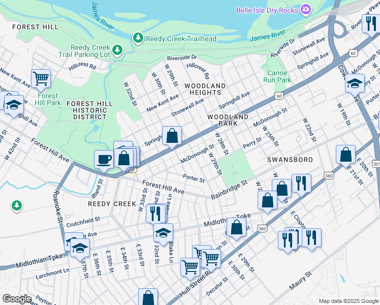 map of restaurants, bars, coffee shops, grocery stores, and more near 404 West 30th Street in Richmond