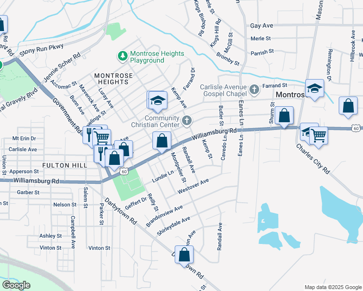map of restaurants, bars, coffee shops, grocery stores, and more near 2115 Williamsburg Road in Richmond