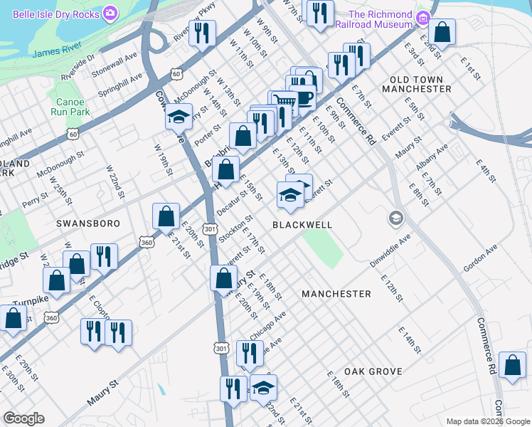 map of restaurants, bars, coffee shops, grocery stores, and more near in Richmond