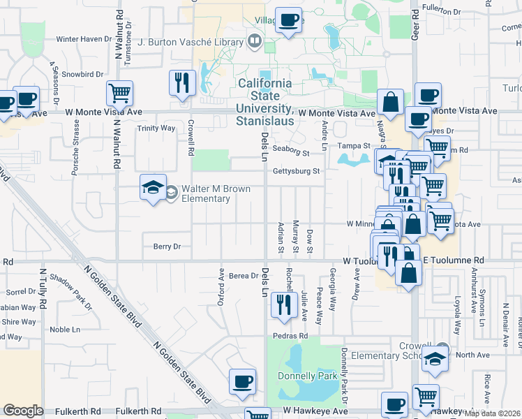 map of restaurants, bars, coffee shops, grocery stores, and more near 2600 Dels Lane in Turlock