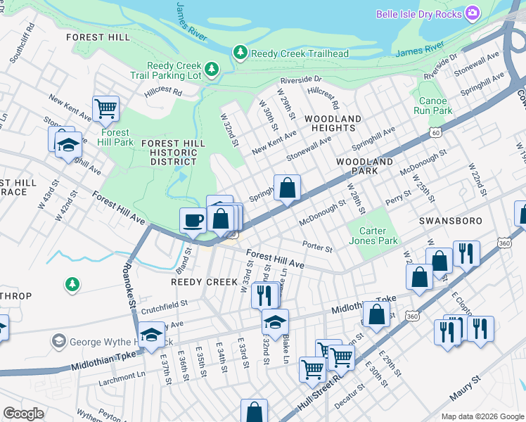 map of restaurants, bars, coffee shops, grocery stores, and more near 3214 Semmes Avenue in Richmond