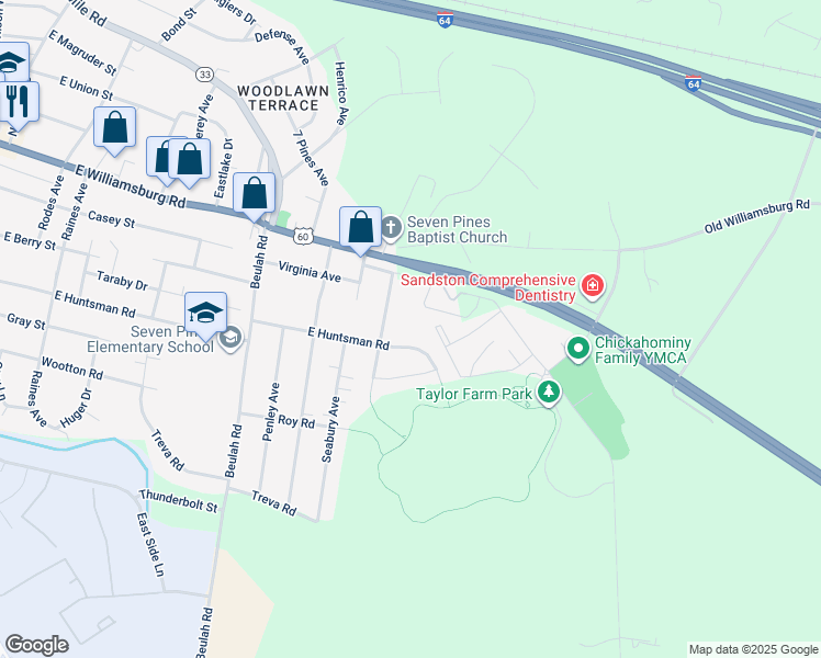 map of restaurants, bars, coffee shops, grocery stores, and more near 710 Huntsman Road in Sandston
