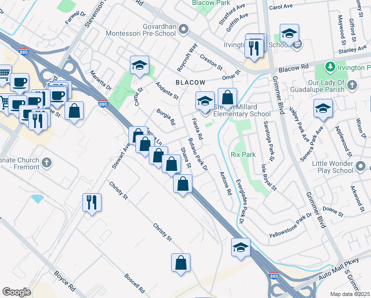 map of restaurants, bars, coffee shops, grocery stores, and more near 5536 Shana Street in Fremont
